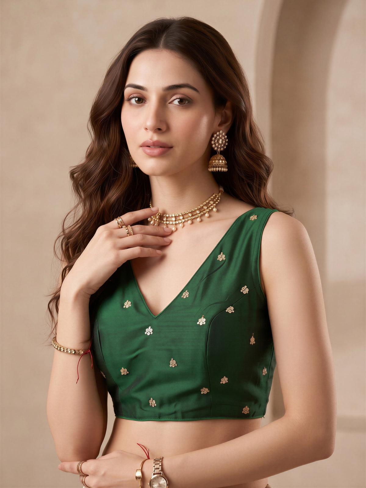 Green sequin embellished vichitra silk sleeveless readymade saree blouse with v neck view 3