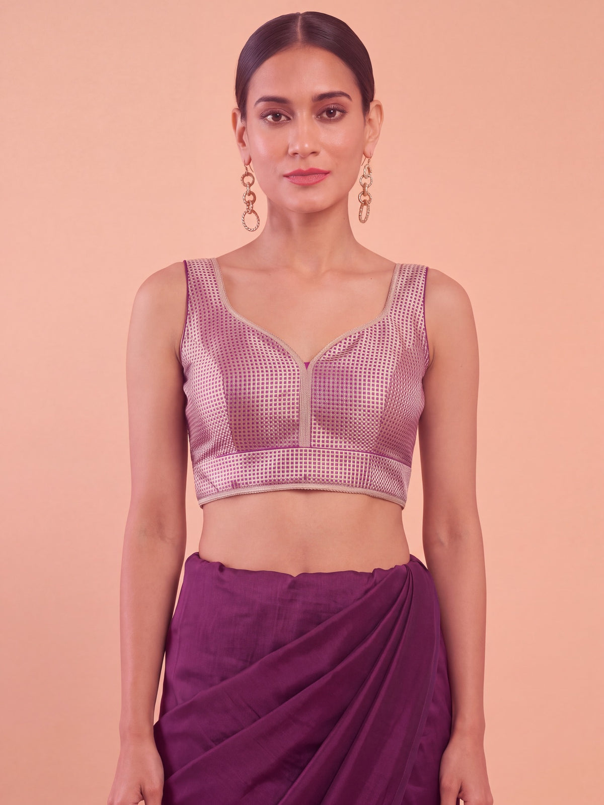 Maroon woven metallic jacquard sleeveless readymade saree blouse with sweetheart neck view 2