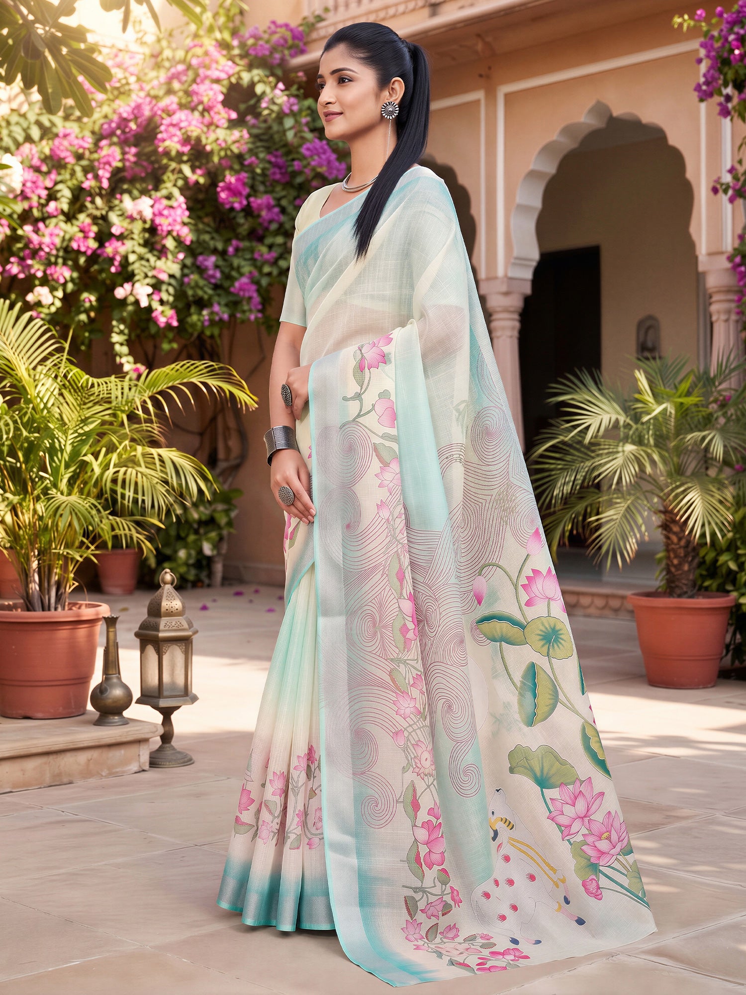 Light Blue Cotton Linen saree – detail view 2