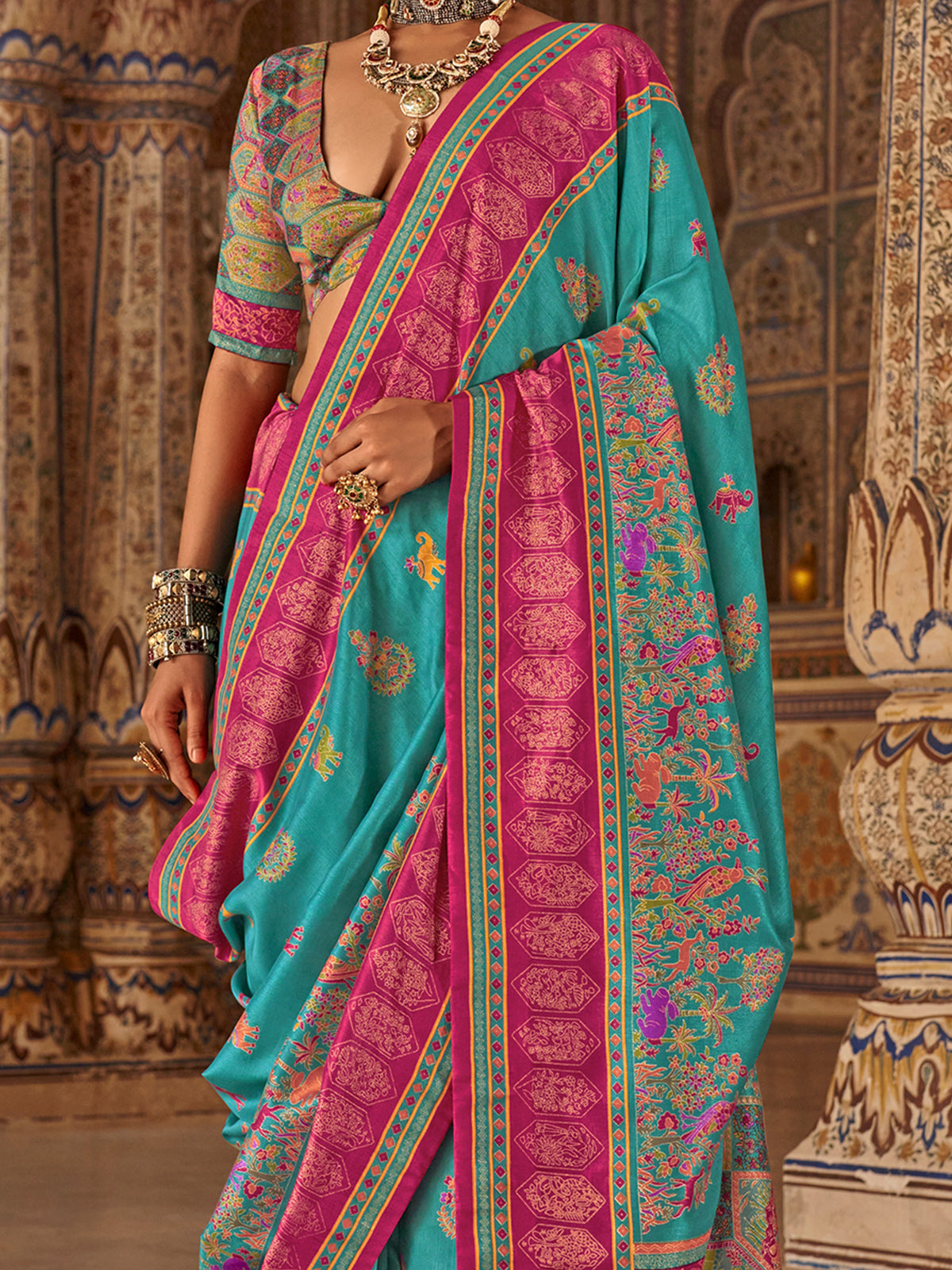 Turquoise Silk Blend saree – detail view 2