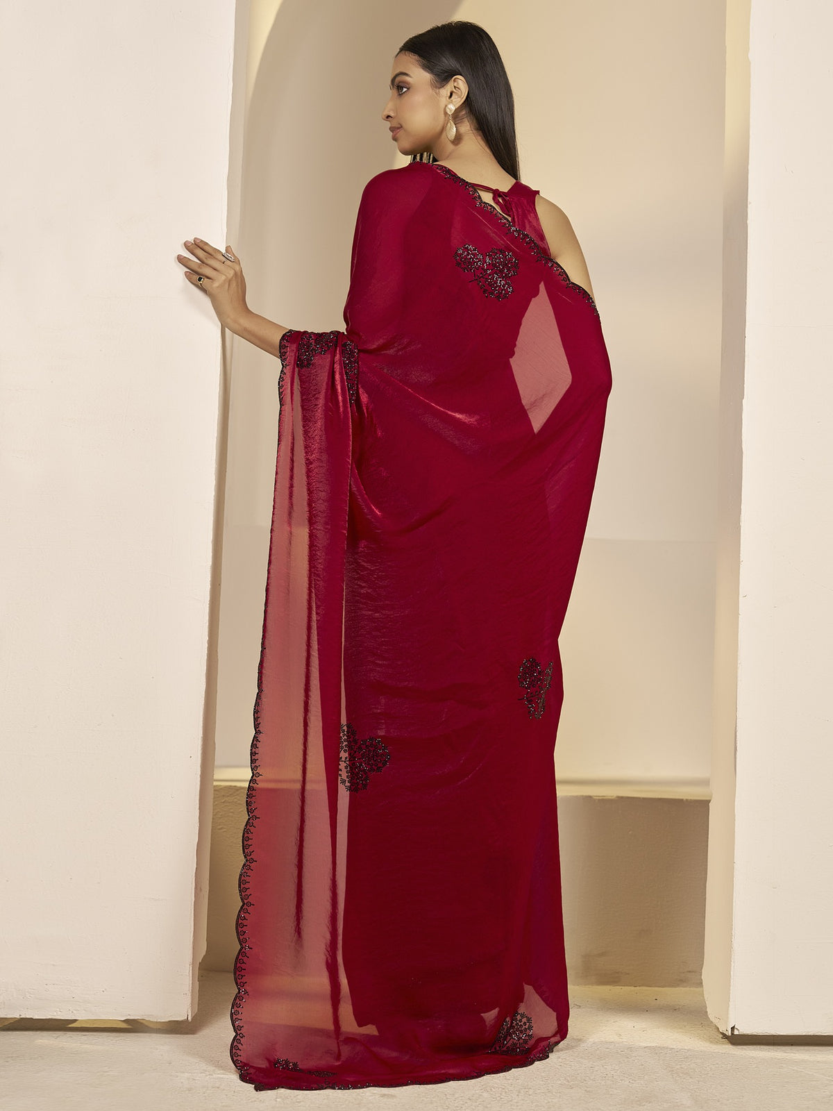 Red satin silk saree view 2