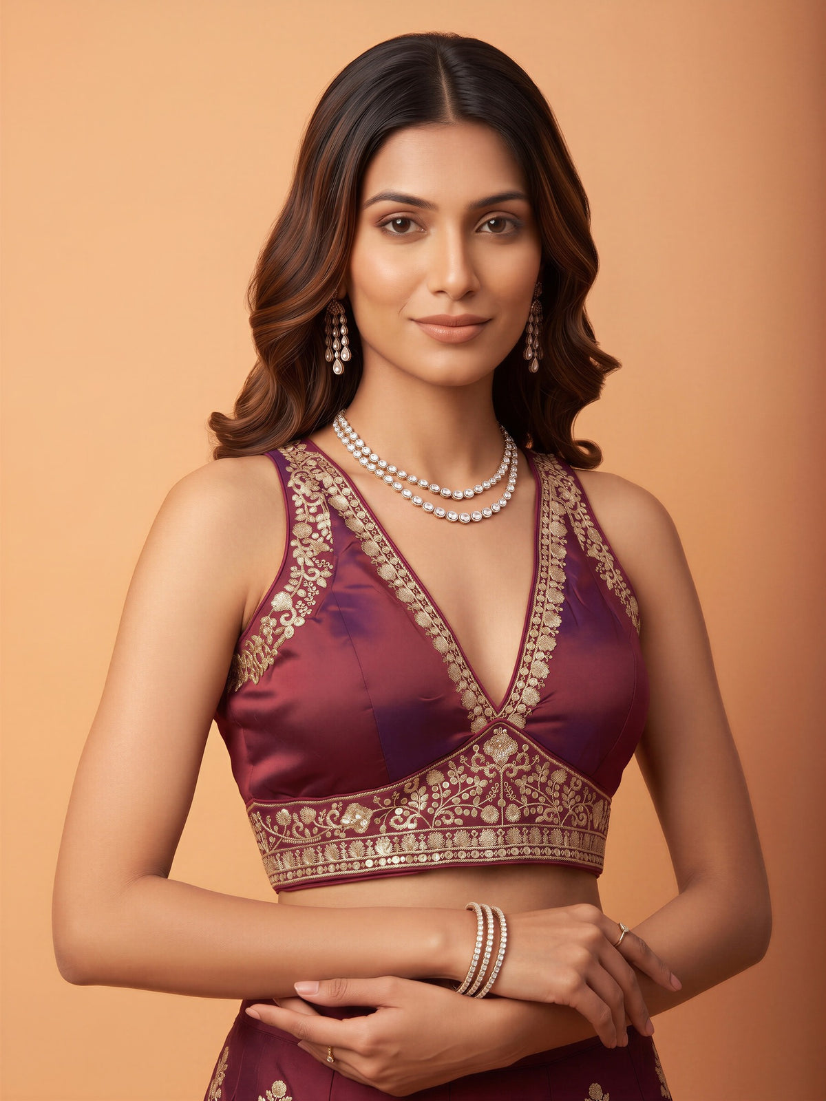 Maroon sequin embellished silk blend sleeveless readymade saree blouse with deep v neck view 3