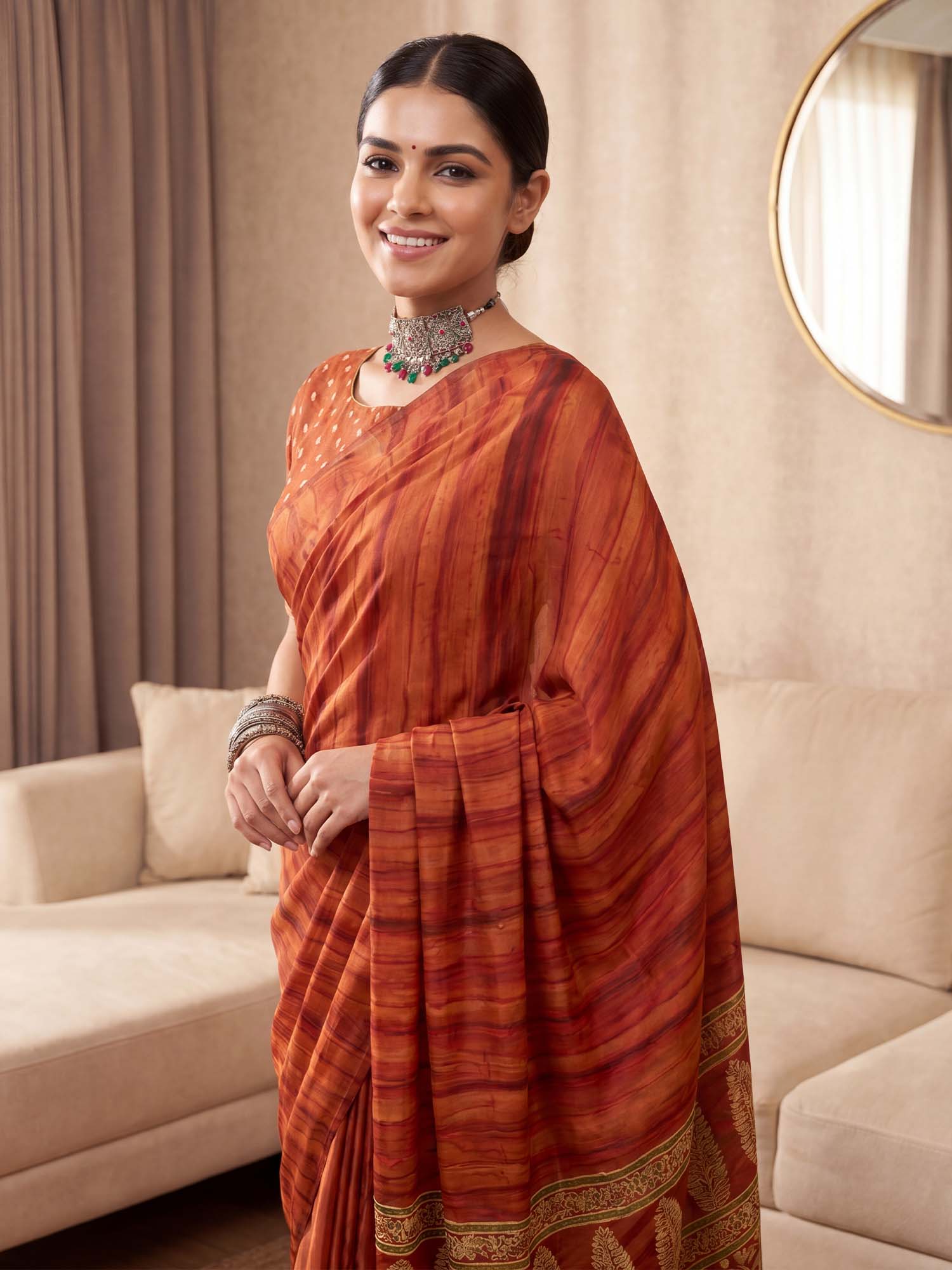 Rust Crepe saree – detail view 4