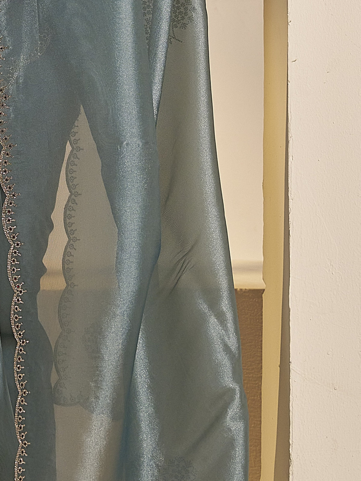 Pallu detail of light blue organza saree showing ornamented surface design and scallop border
