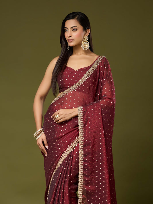 Maroon Georgette saree – detail view 1
