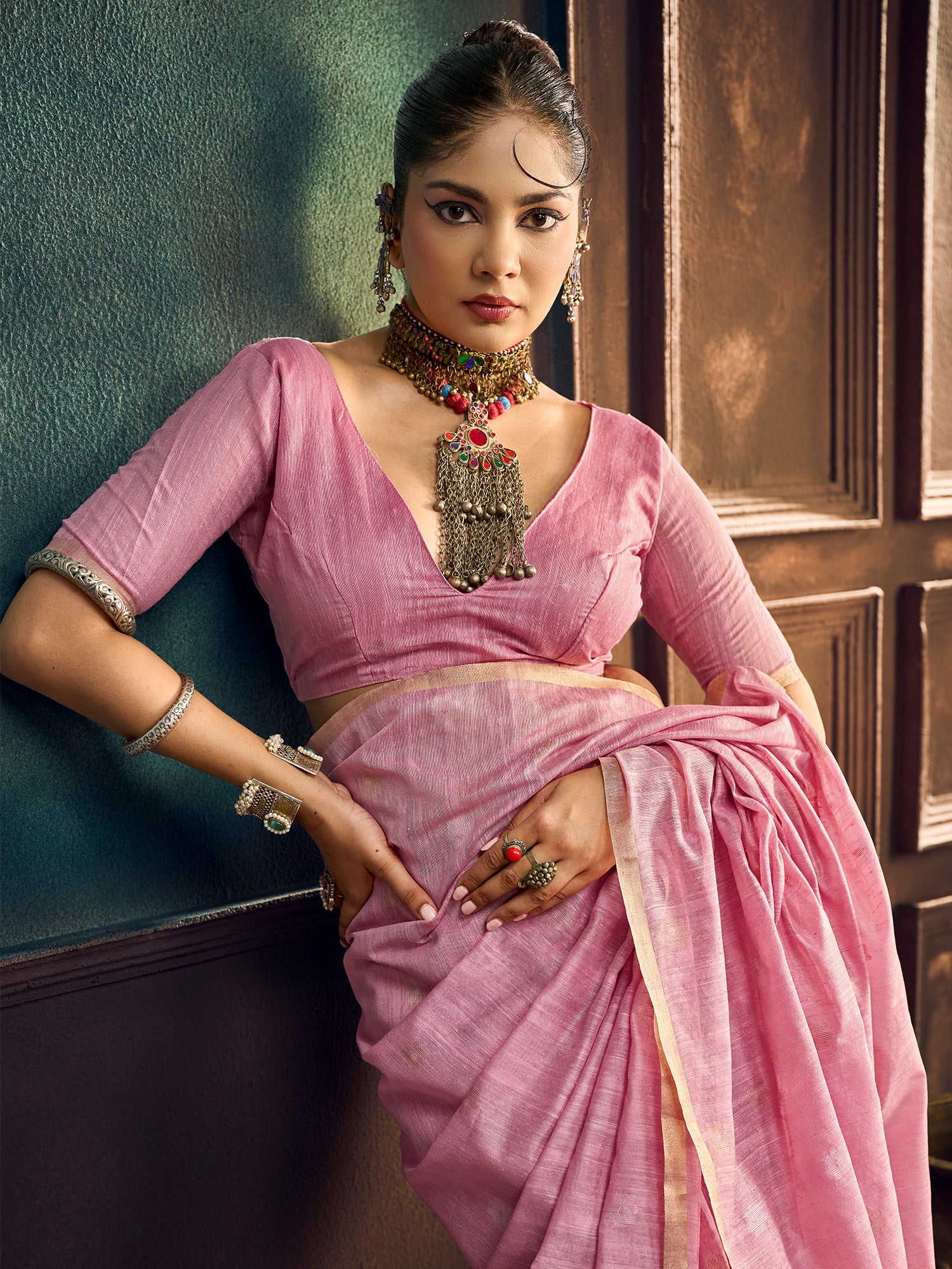 Unstitched pink muga cotton blouse piece with solid design