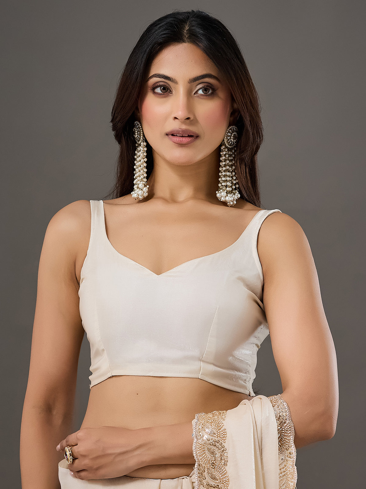 Unstitched cream satin blouse piece with solid design