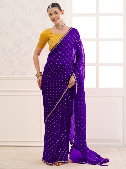 Violet foil chiffon saree with yellow blouse piece