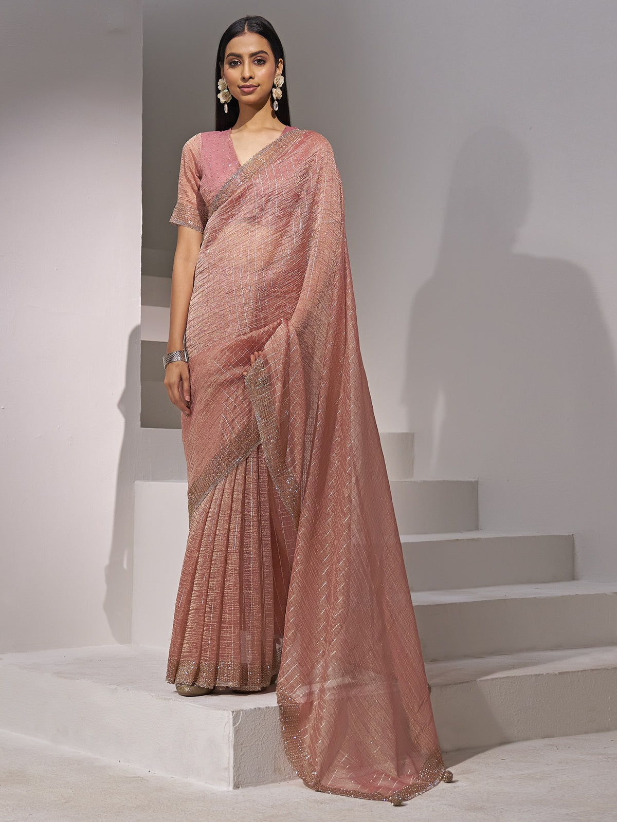 Peach striped organza saree with peach blouse piece