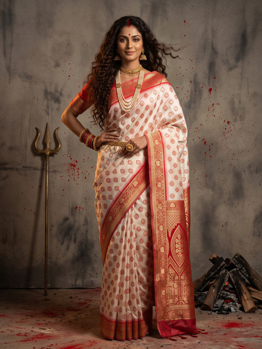 Woman wearing white banarasi silk saree with zari butta (metallic motif) work and red blouse