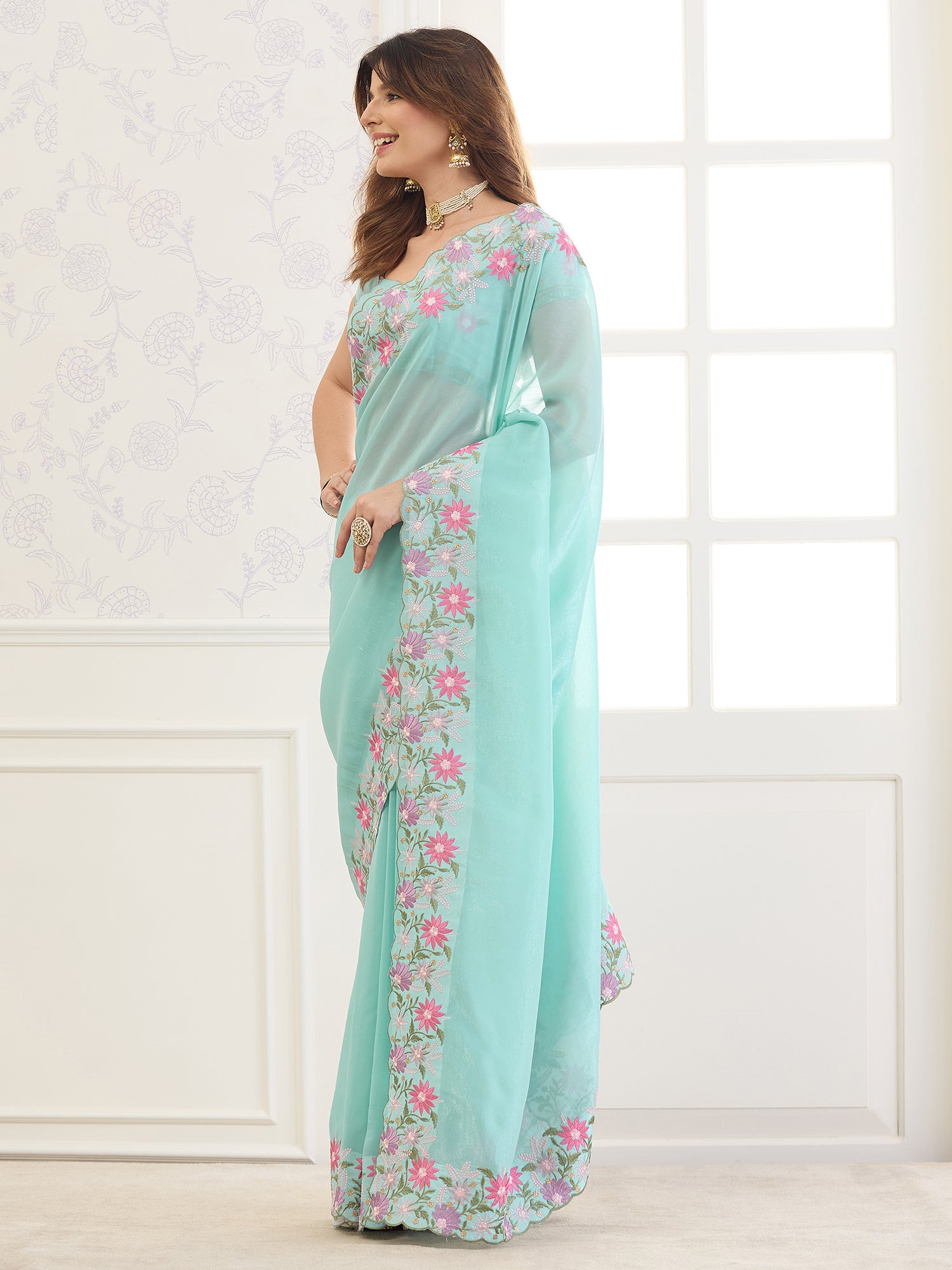 Aqua Blue Georgette saree – detail view 2