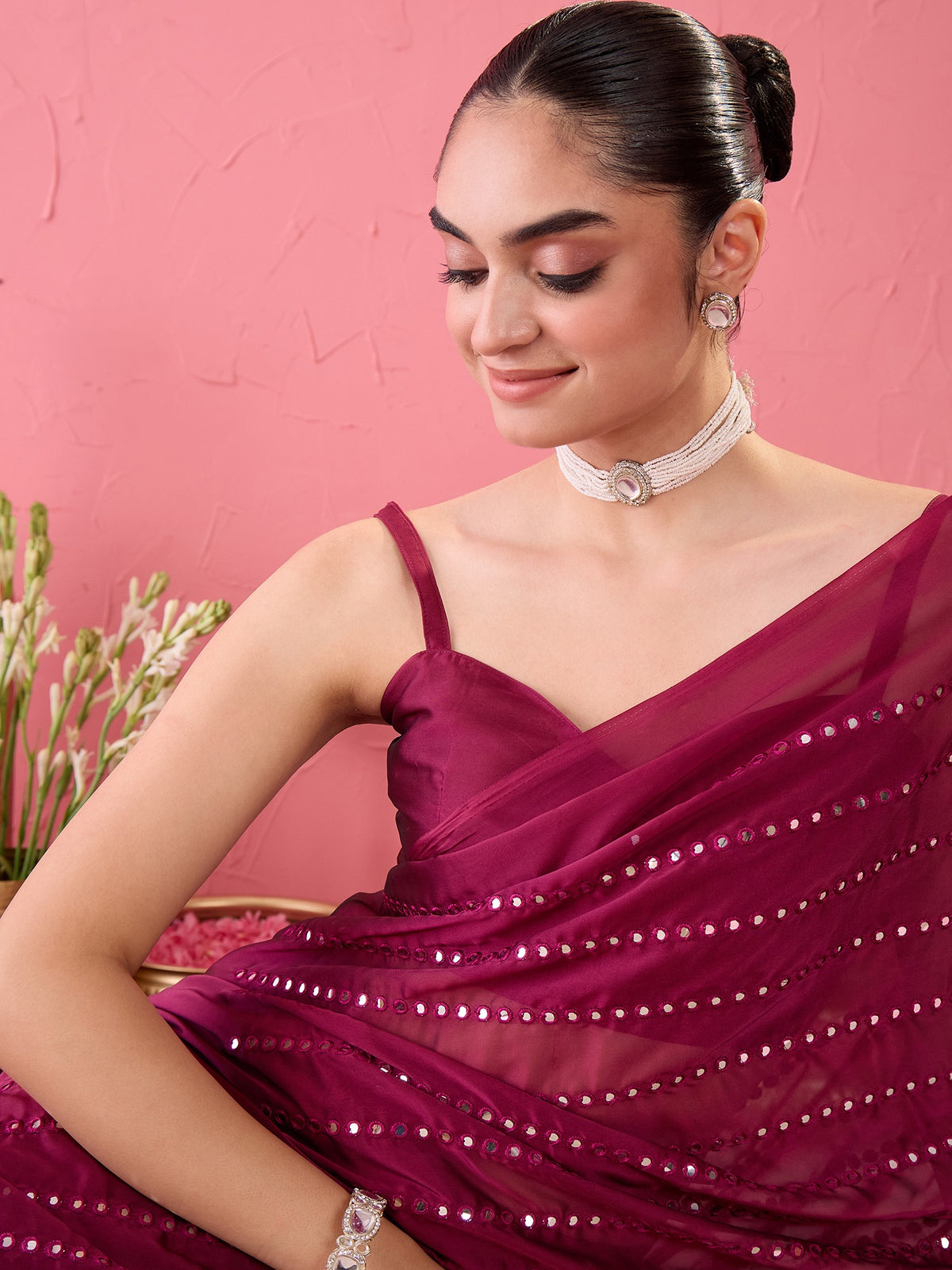 Magenta Georgette saree – detail view 3