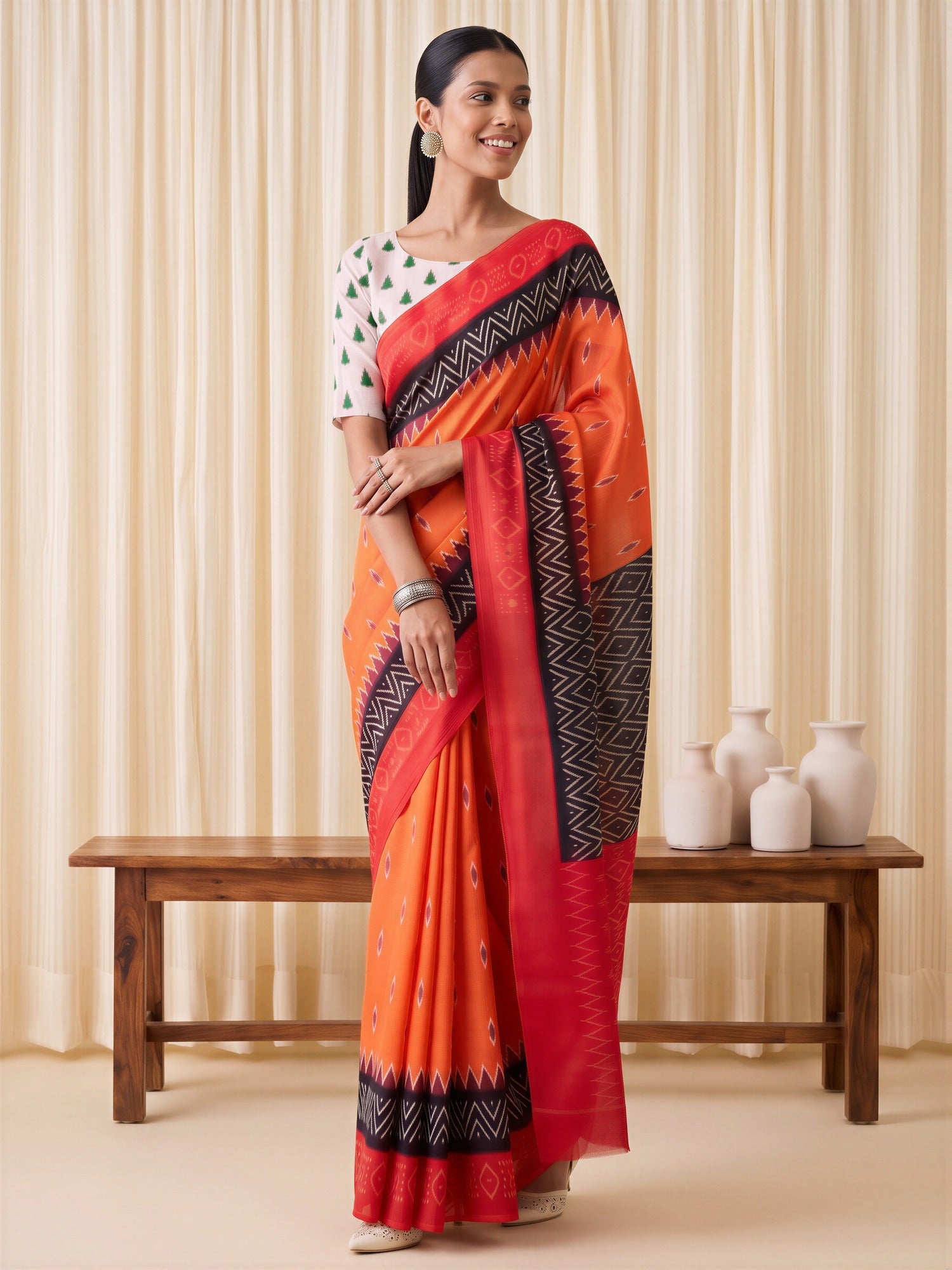 Orange Cotton Blend saree – detail view 3