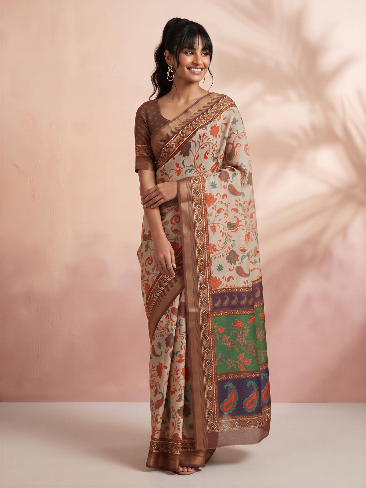 Light Brown Cotton Linen saree – detail view 3
