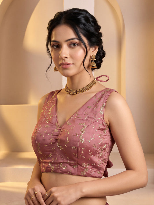 Peach sequin embroidered vichitra silk sleeveless readymade saree blouse with v neck