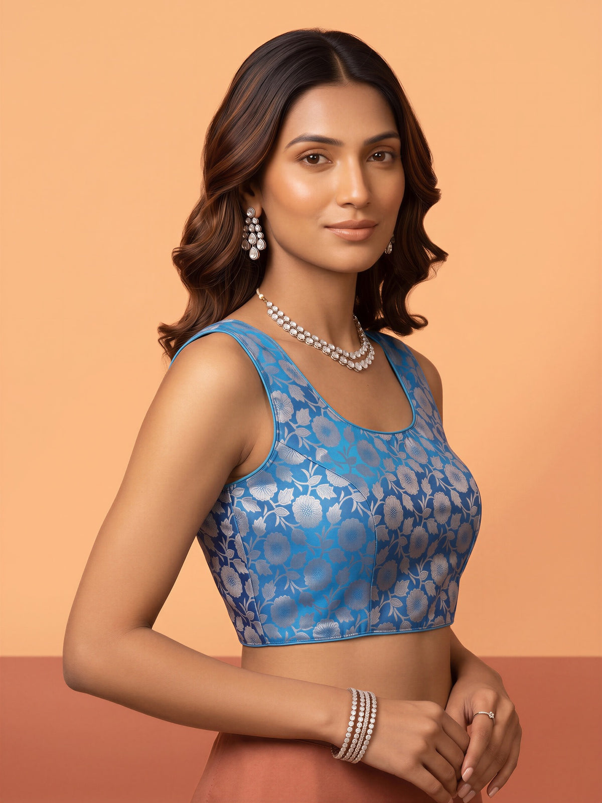 Blue woven brocade silk blend sleeveless readymade saree blouse with round neck view 2