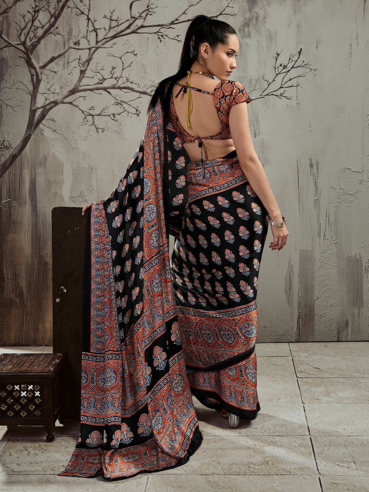 Black satin saree view 1
