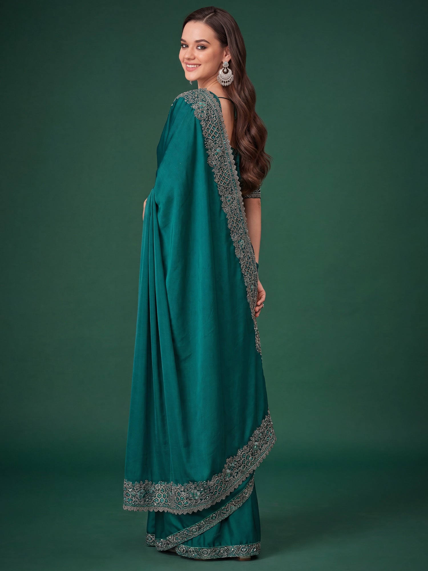 Teal Green Satin Silk saree – detail view 1
