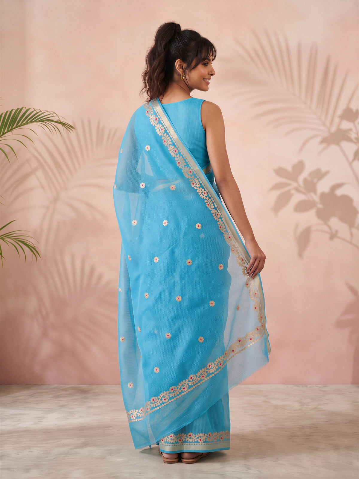 Turquoise Blue Kota Doria Cotton saree – detail view 1