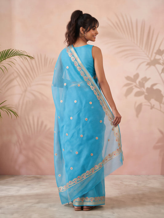 Turquoise Blue Kota Doria Cotton saree – detail view 1