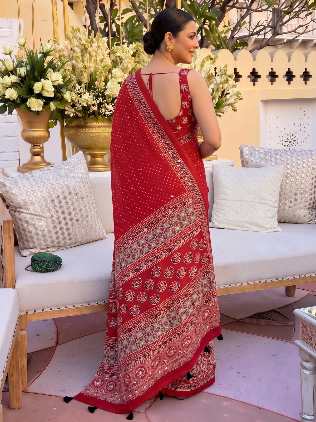 Red satin saree view 1