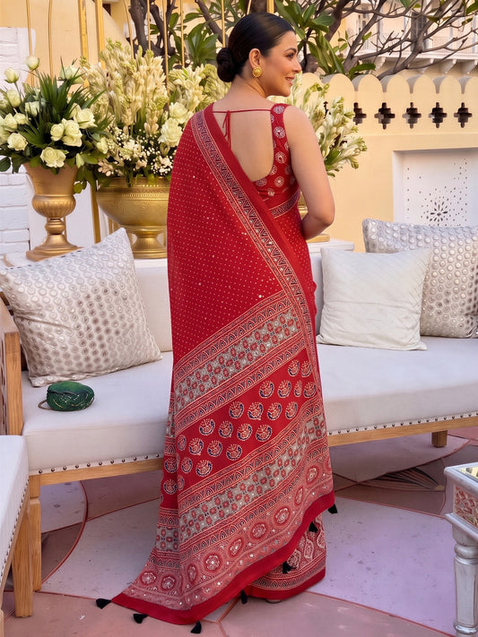 Red satin saree view 1