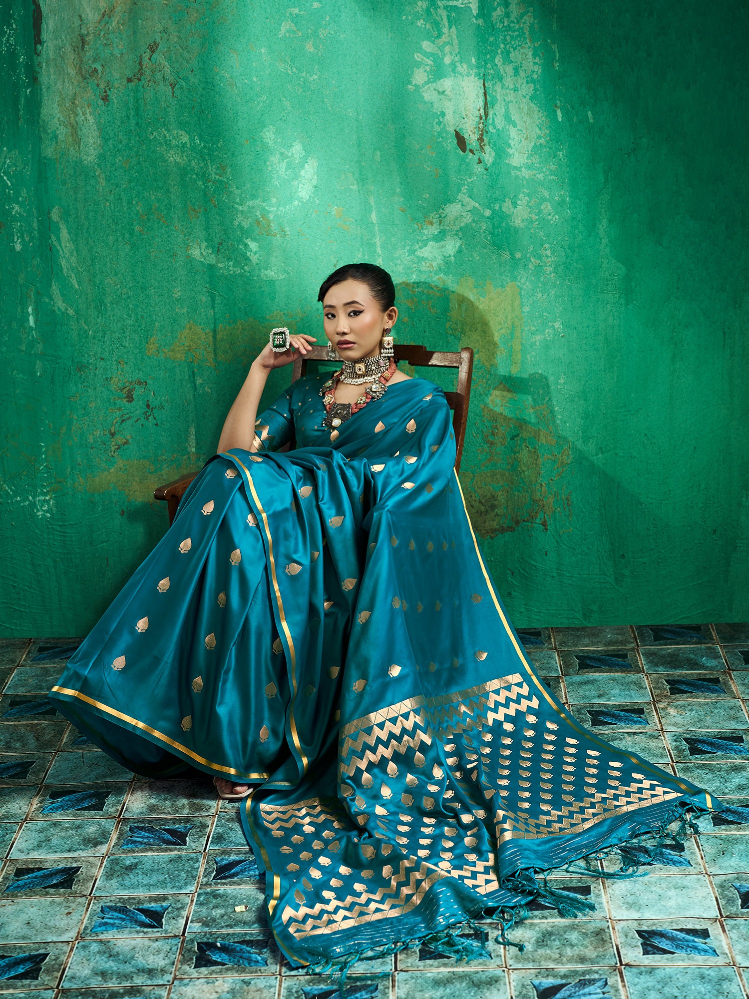 Teal Blue Satin Silk saree – detail view 2