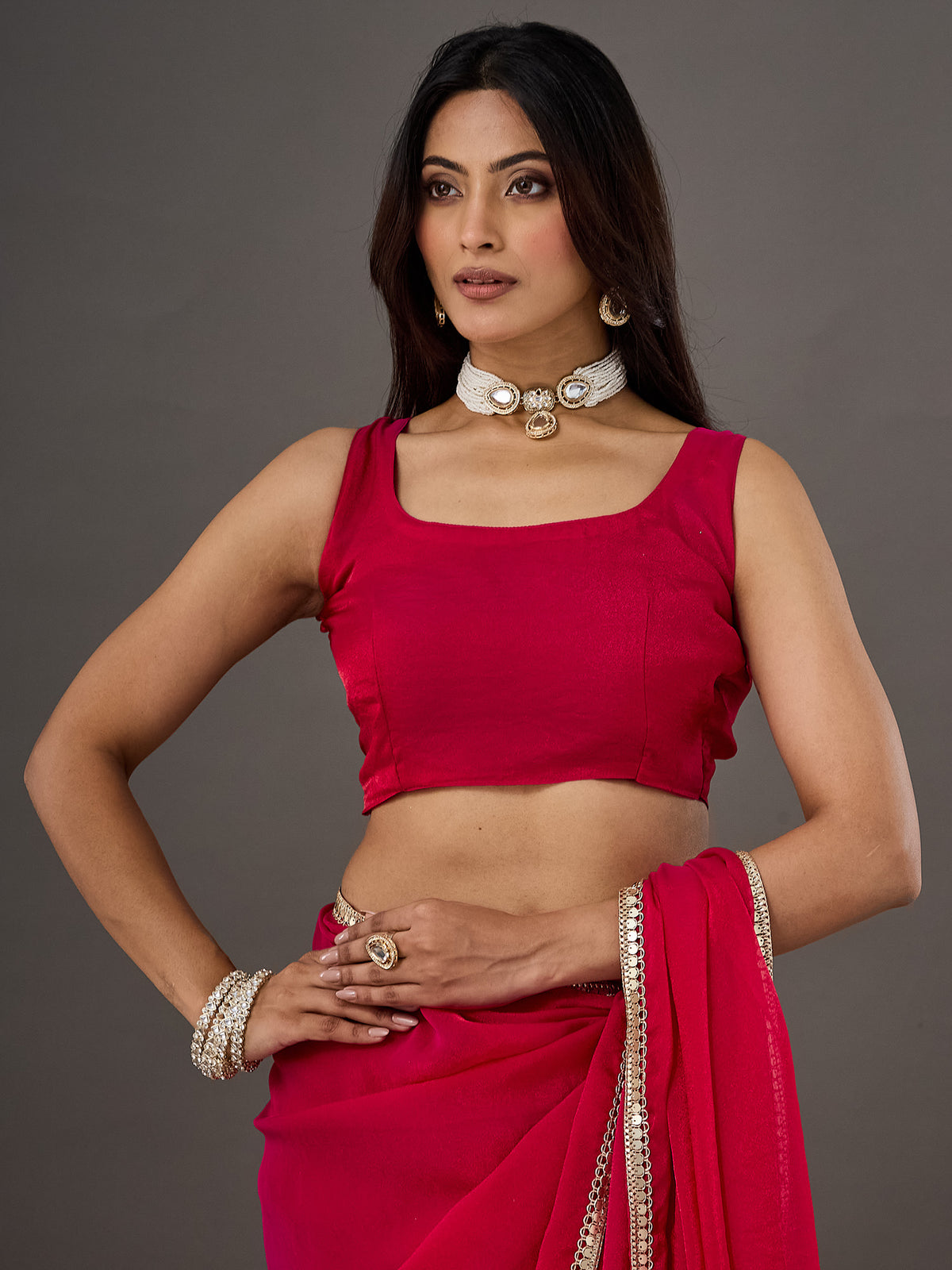 Unstitched pink georgette blouse piece with solid design