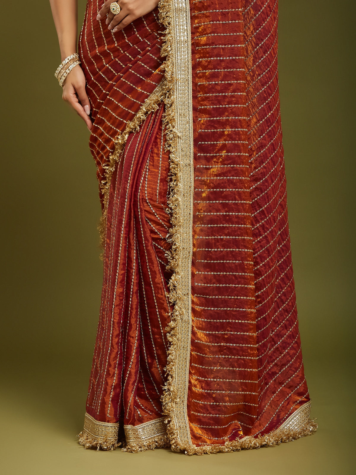 Orange Satin saree – detail view 4