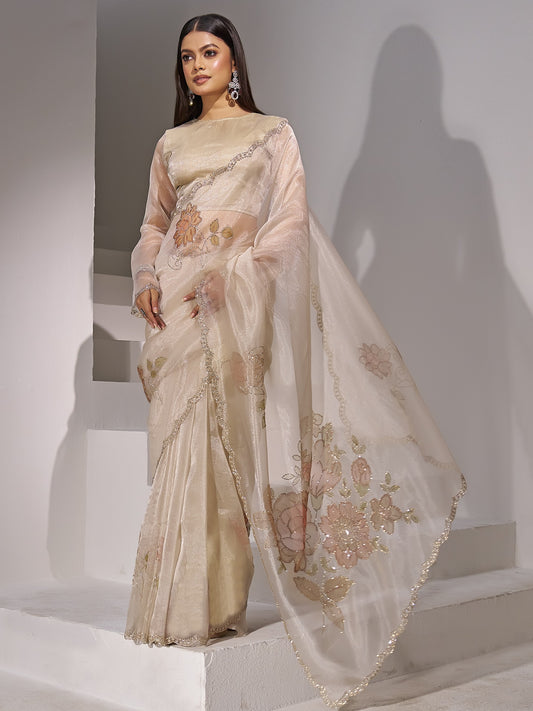 Champagne embellished organza saree with champagne blouse piece