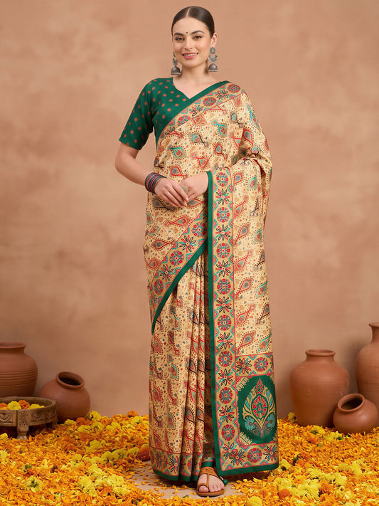 Woman wearing dark green silk blend saree with metallic foil print work and dark green blouse