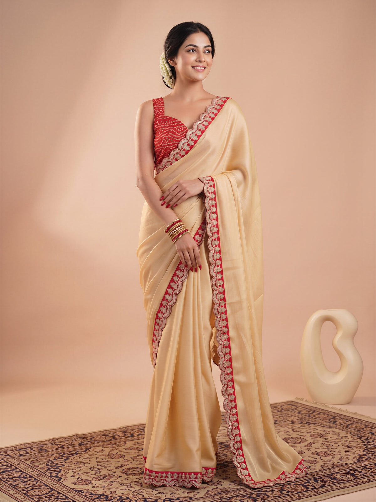 Cream Satin saree – detail view 3