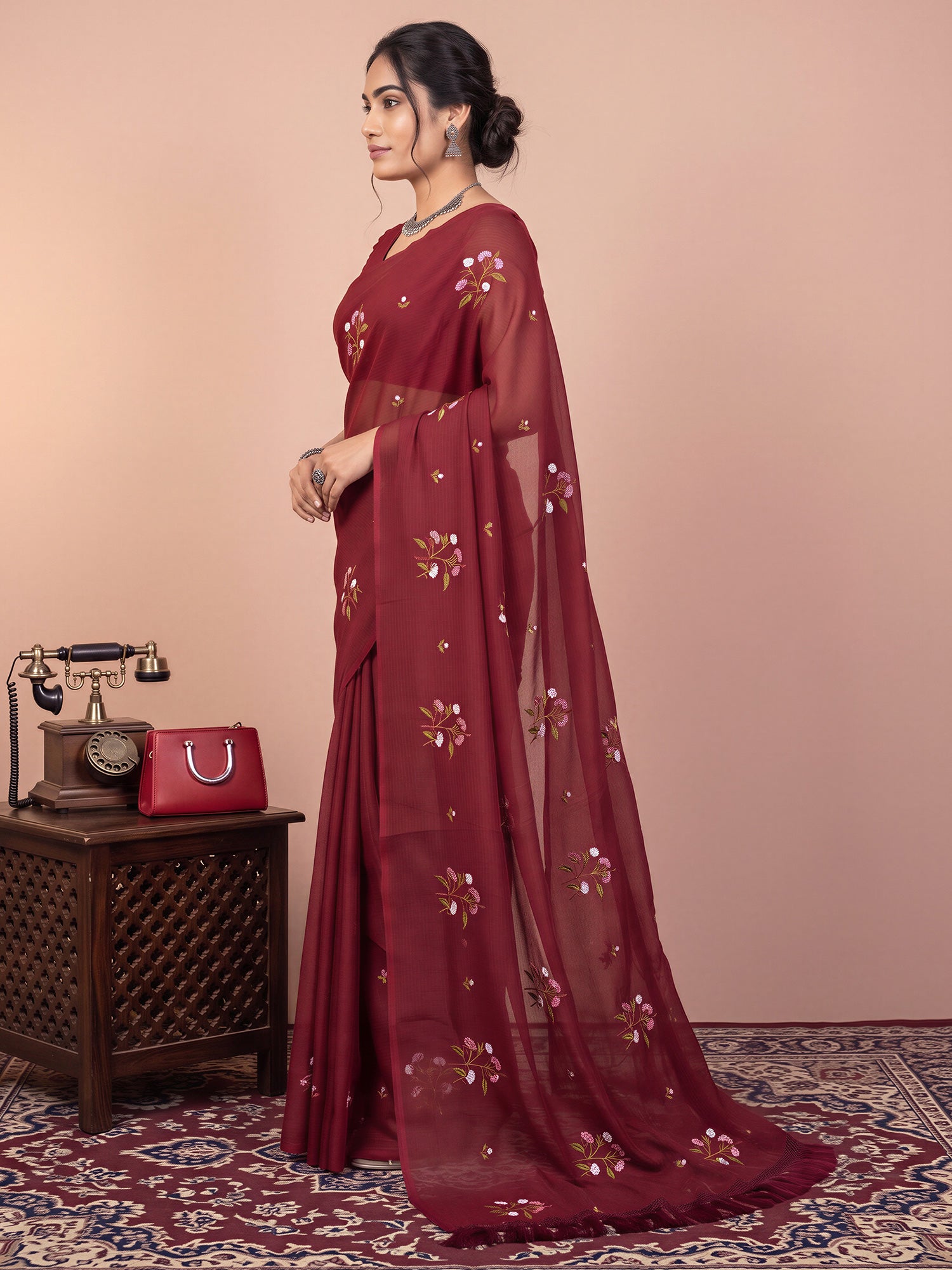 Maroon Kota Doria Cotton saree – detail view 2