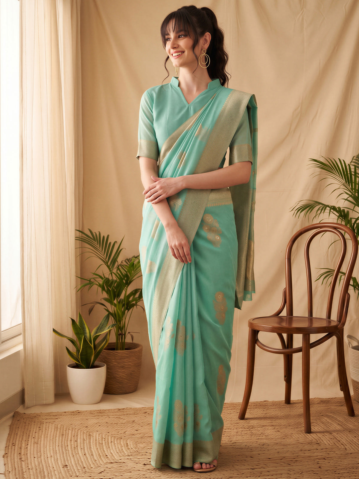 Teal Green Silk Blend saree – detail view 2