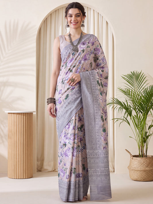 Woman wearing beige silk blend saree with botanical floral and leaf design and beige blouse