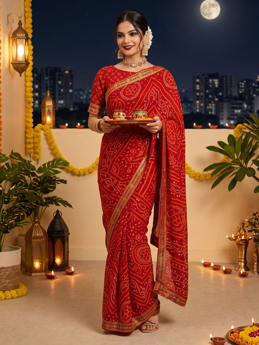 Woman wearing red chiffon saree with bandhani tie-dye dot work and red blouse