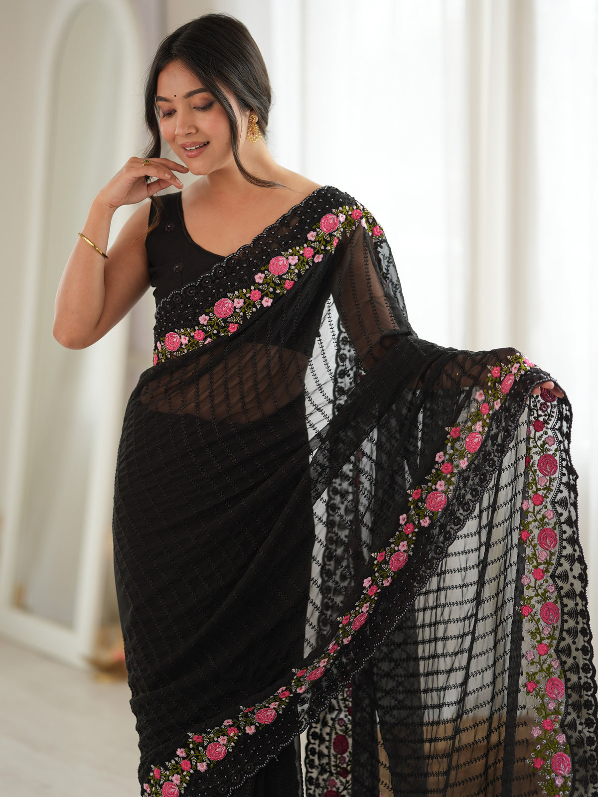 Black Georgette saree – detail view 3