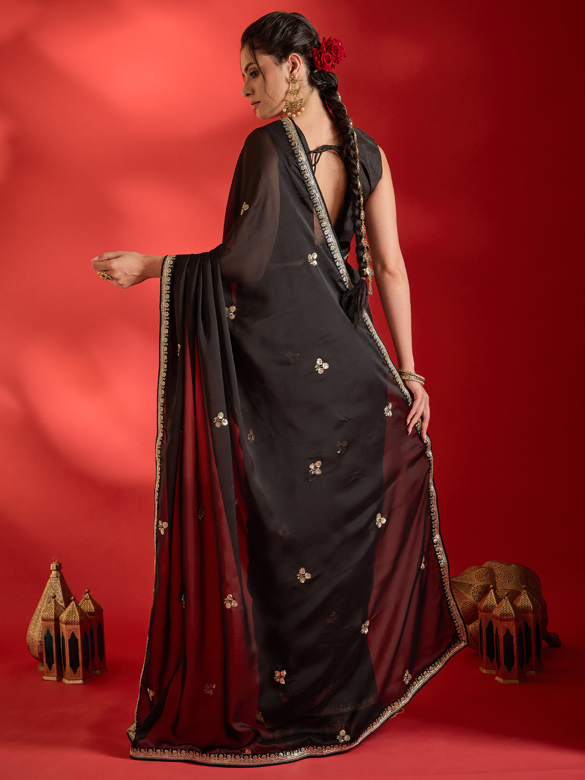 Black Georgette saree – detail view 1