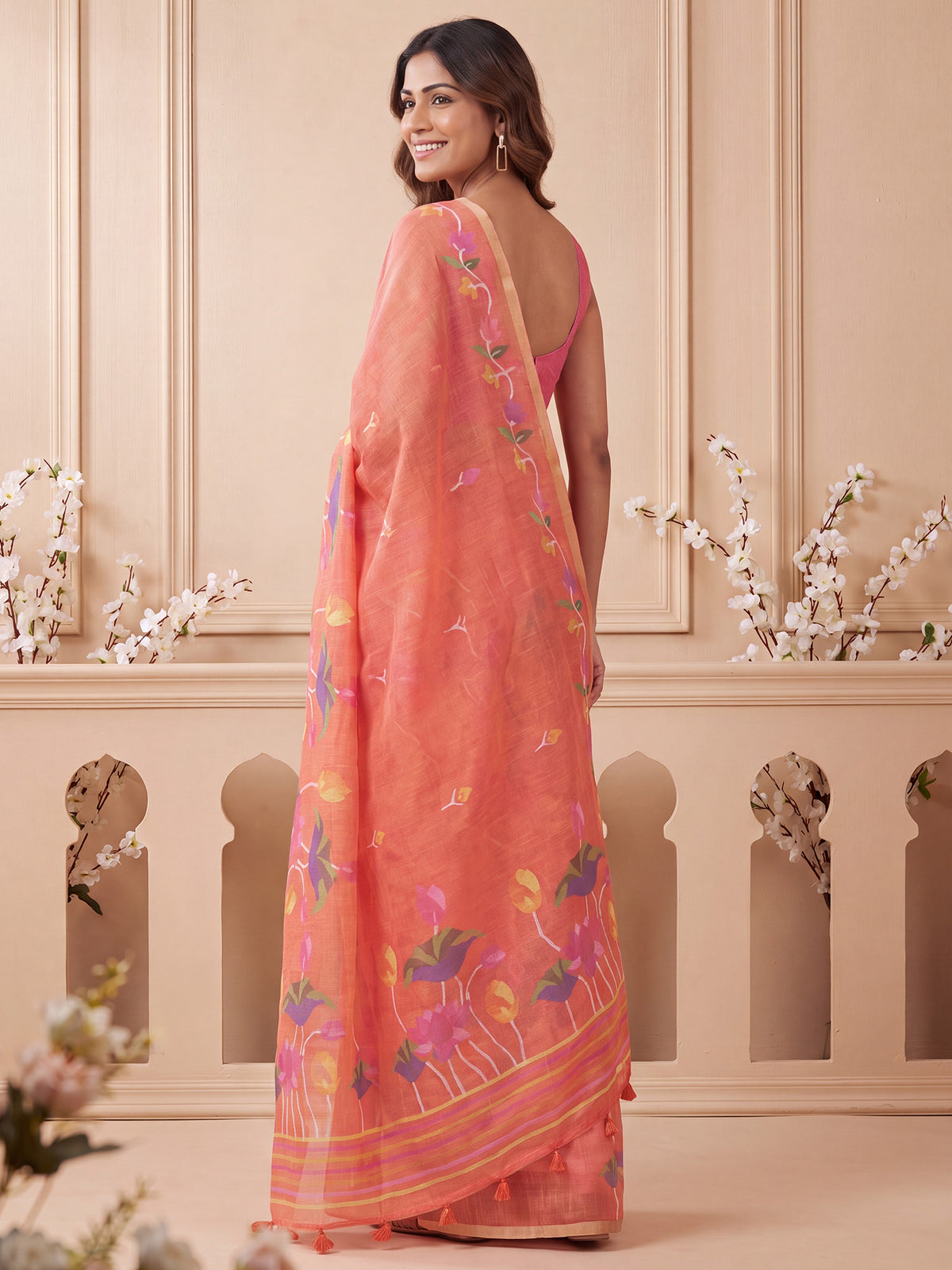 Rust Cotton Linen saree – detail view 1