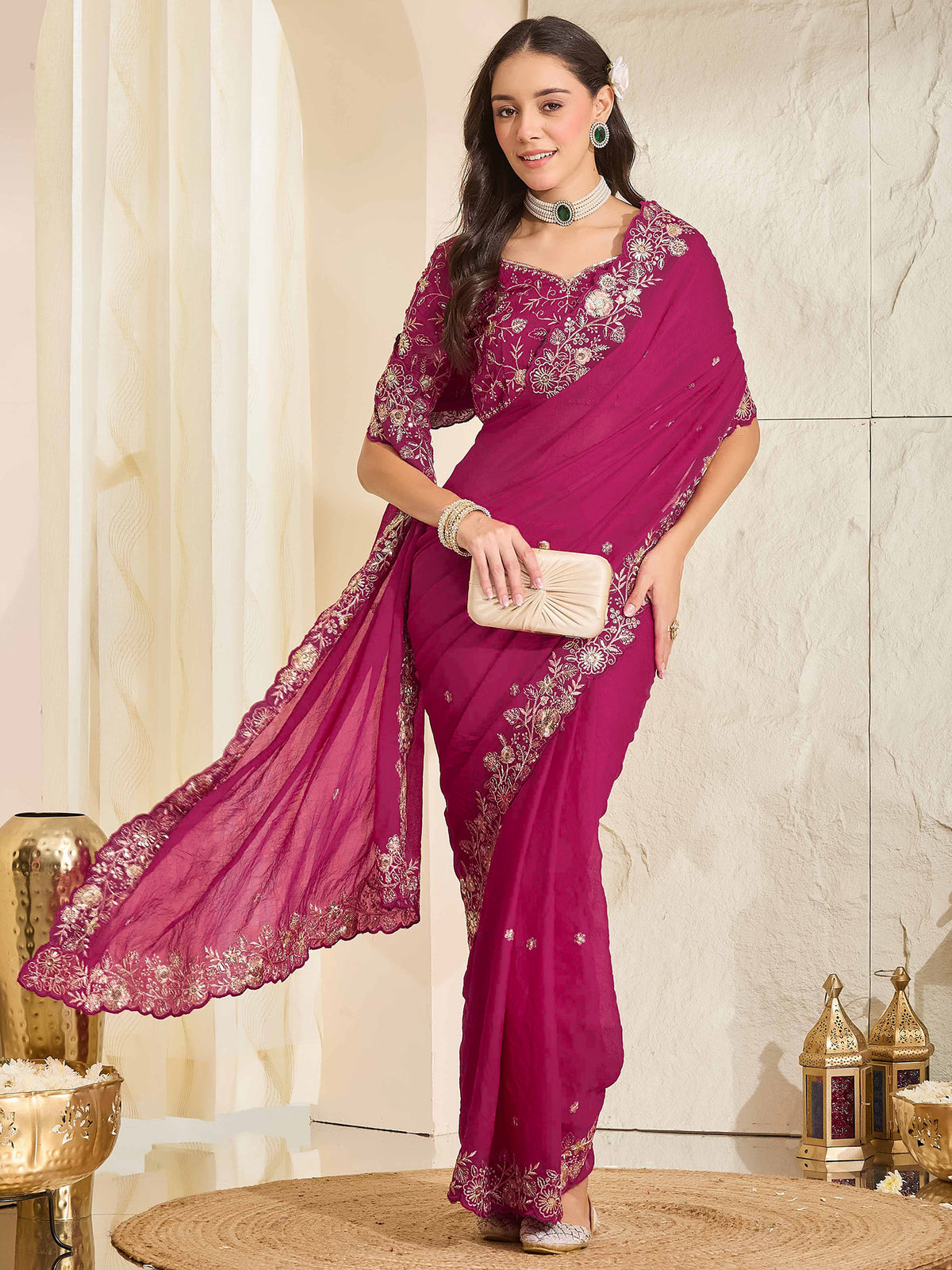 Pink Georgette saree – detail view 3