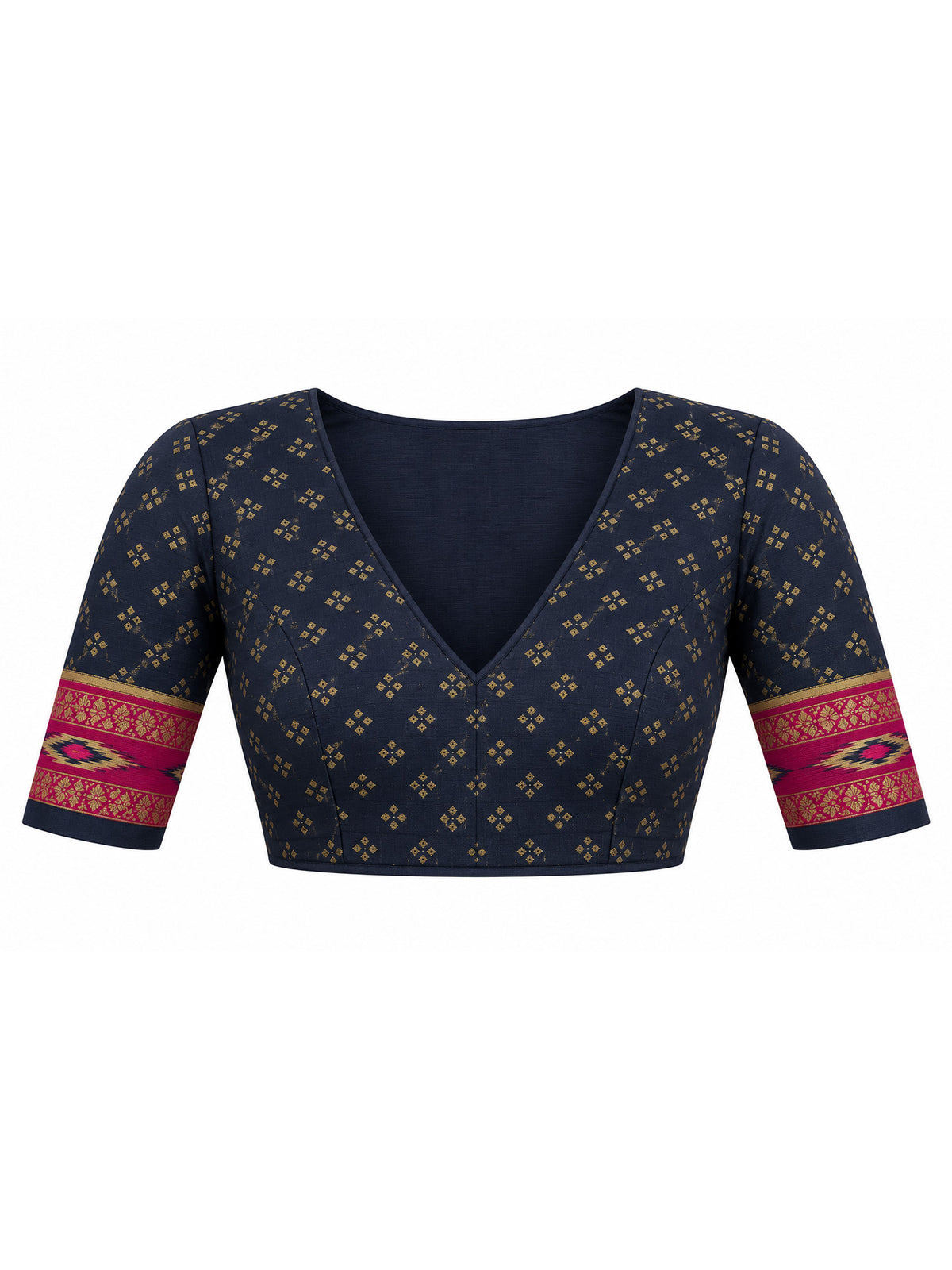 Unstitched navy blue silk blend blouse piece with ethnic motif design