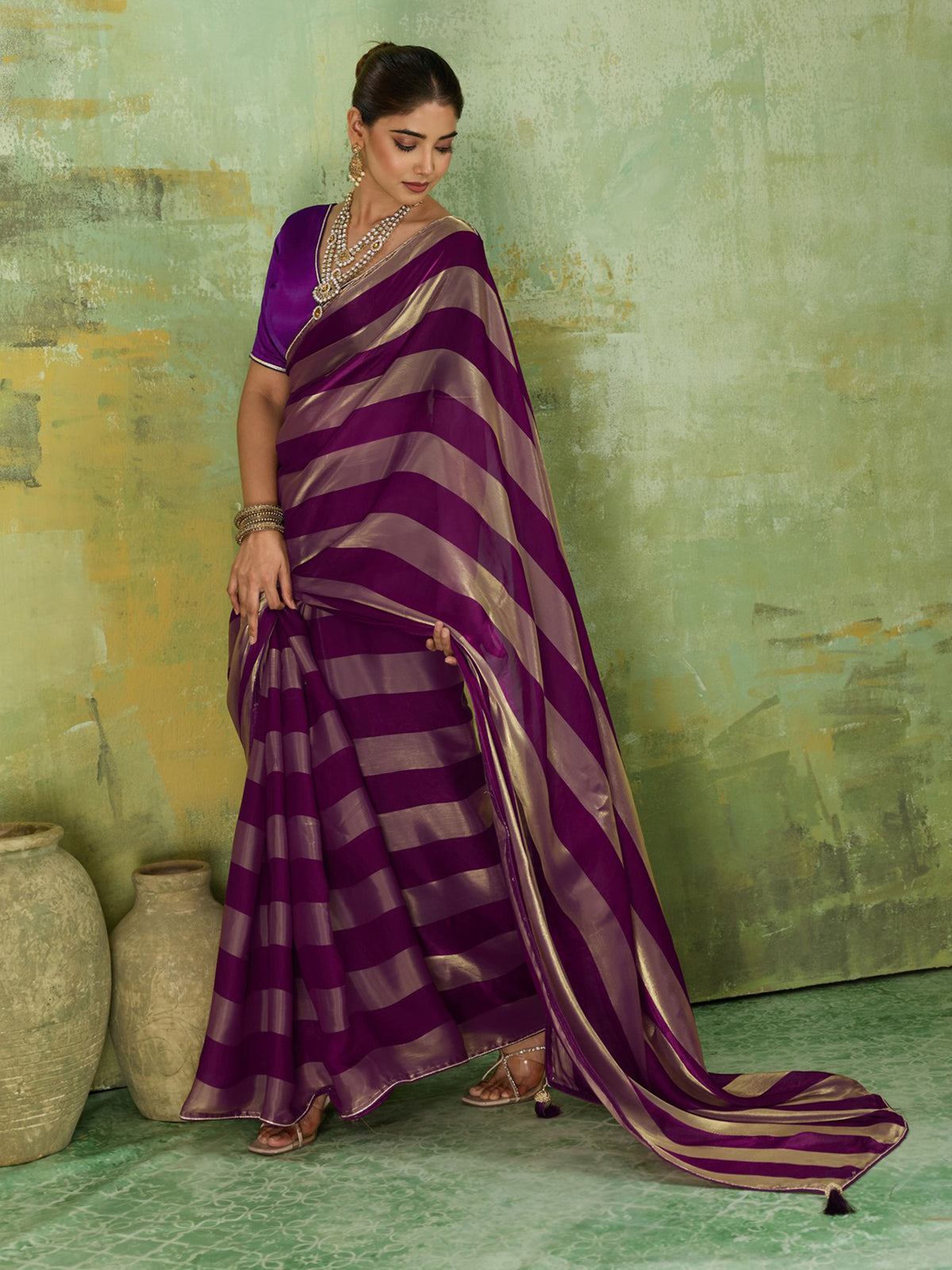 Violet Satin Silk saree – detail view 3