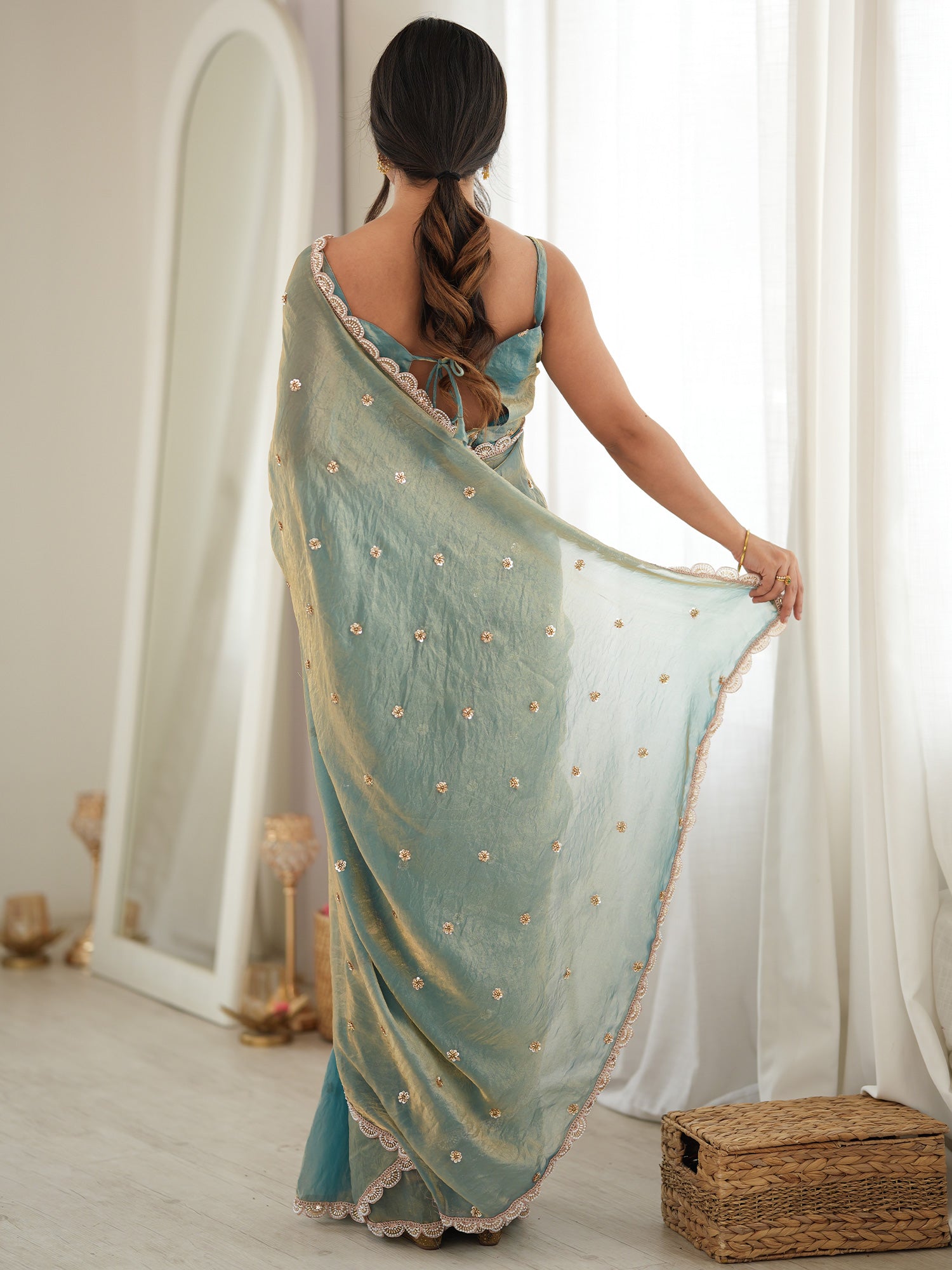 Light Blue Satin saree – detail view 1