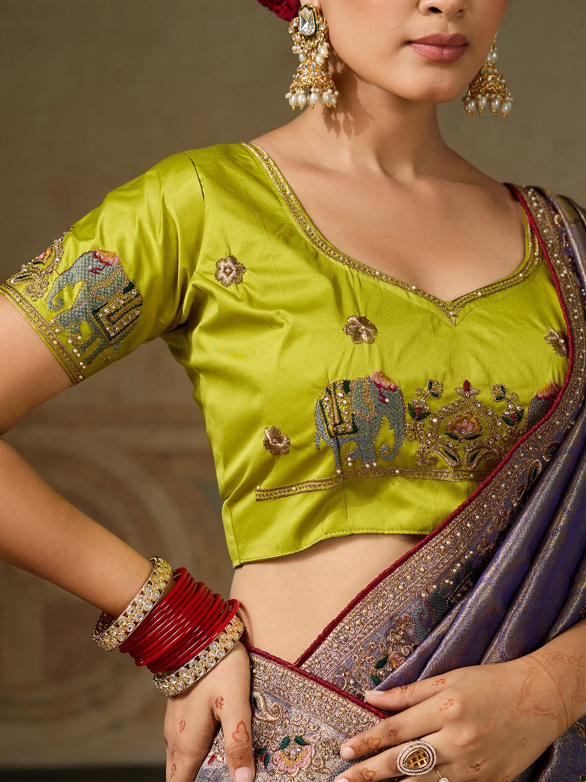 Unstitched lime green  blouse piece with embellished design