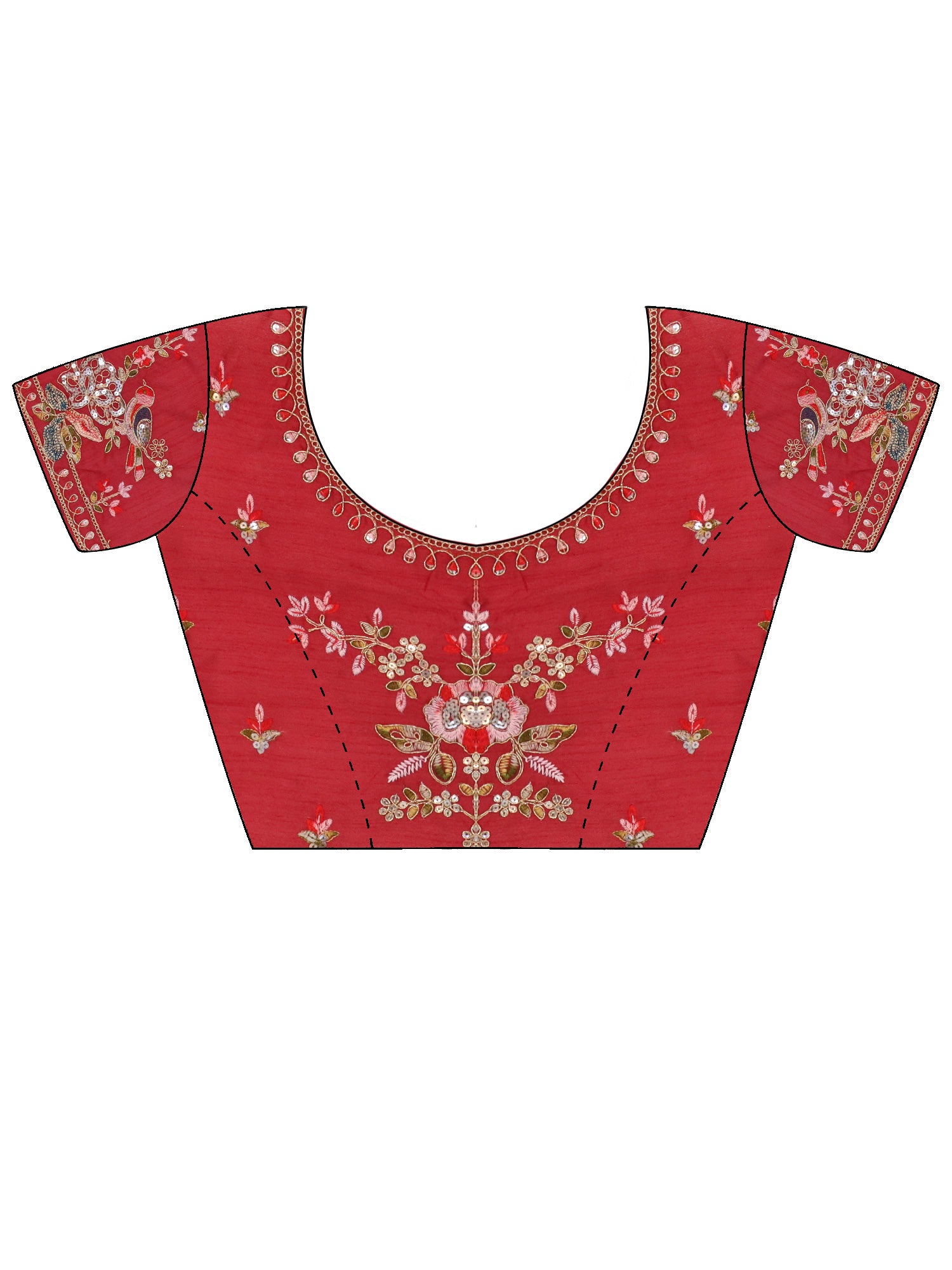 Unstitched red organza blouse piece with embellished design