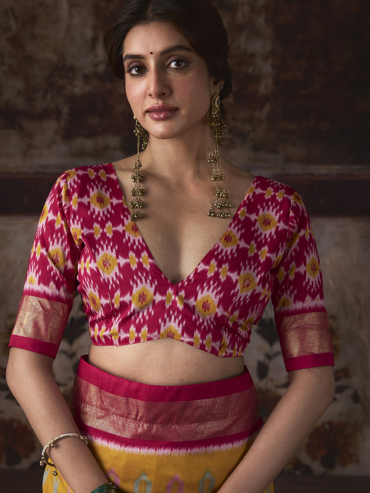 Mustard silk blend saree view 1