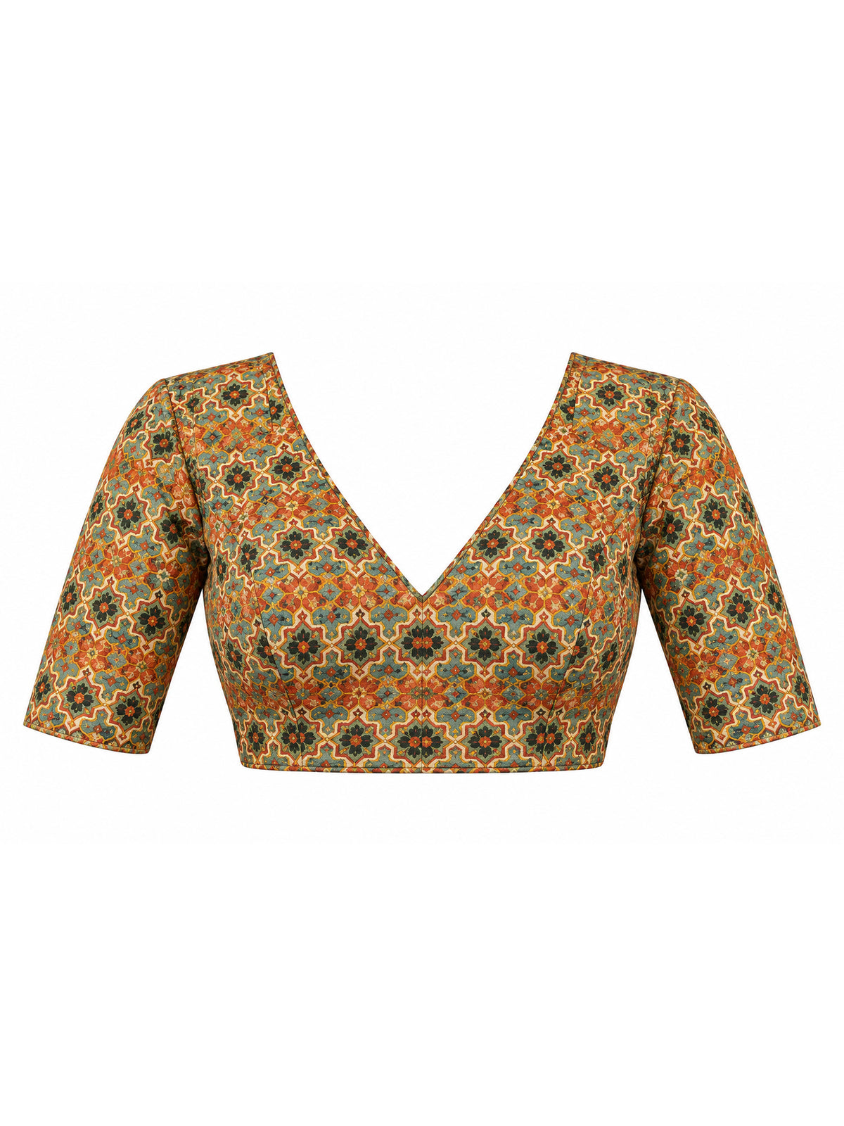 Unstitched mustard silk blend blouse piece with ajrak design