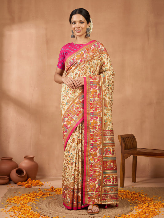 Woman wearing assorted silk blend saree with metallic foil print work and pink blouse