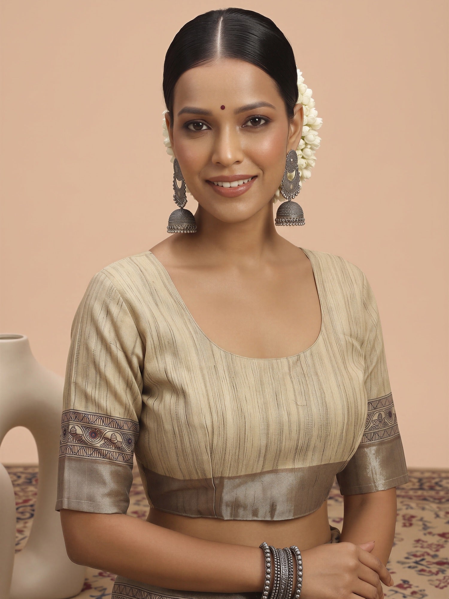 Unstitched beige satin silk blouse piece with solid design