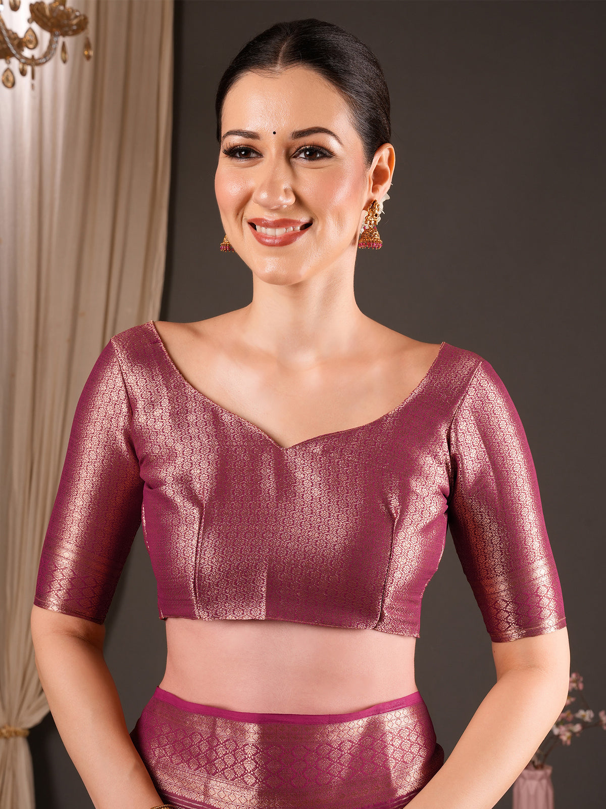 Unstitched pink viscose silk blouse piece with woven design design